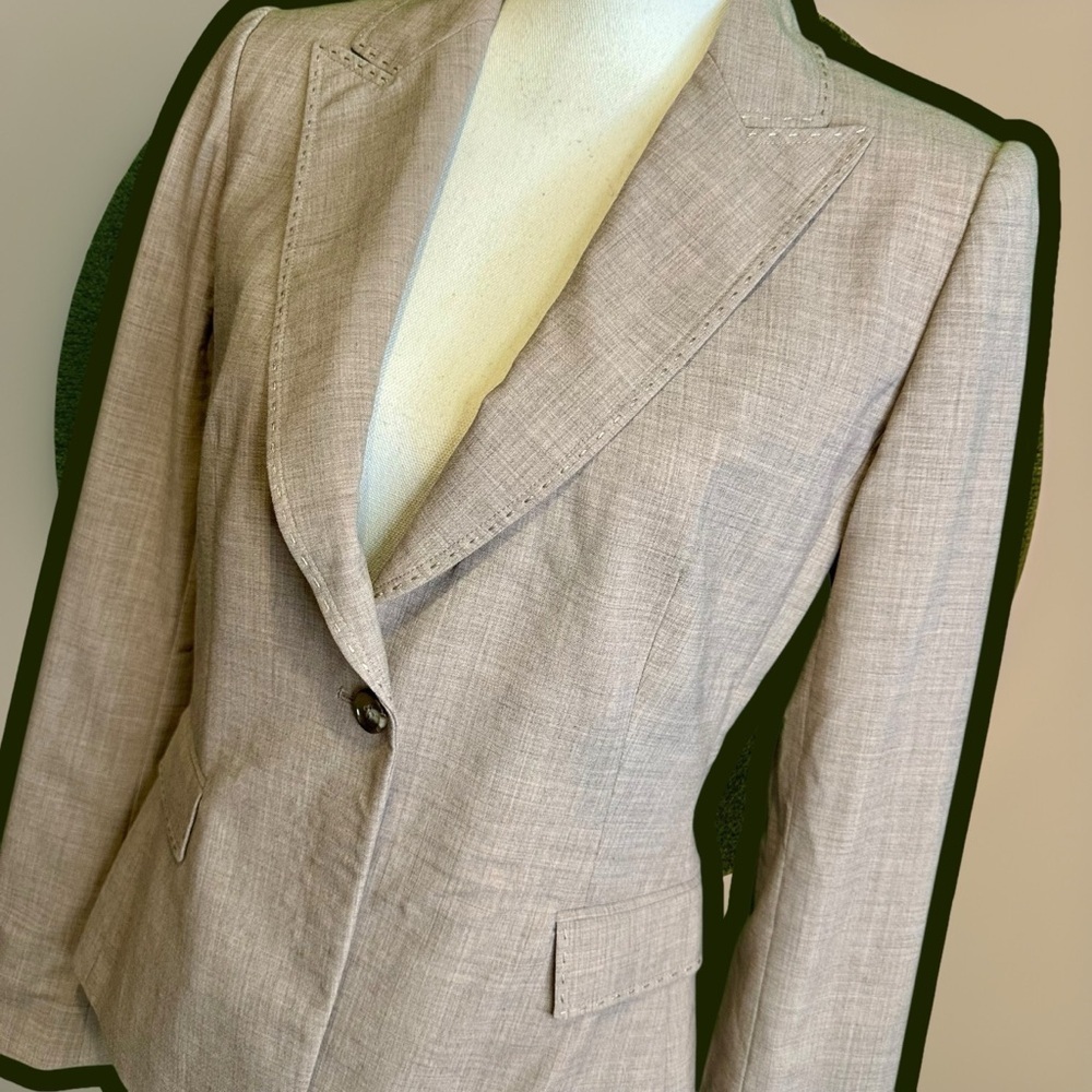 Saks Fifth Avenue Collection Heathered Tan Wool Whipstitch Trim Blazer Size 8 - Picture 15 of 15